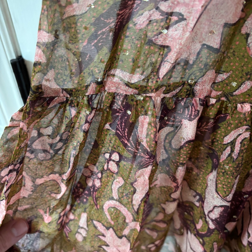 Ulla Johnson RARE Celestia Floral Batik Print Midi Dress Olive Ruffl Silk Size 6 - Picture 9 of 17